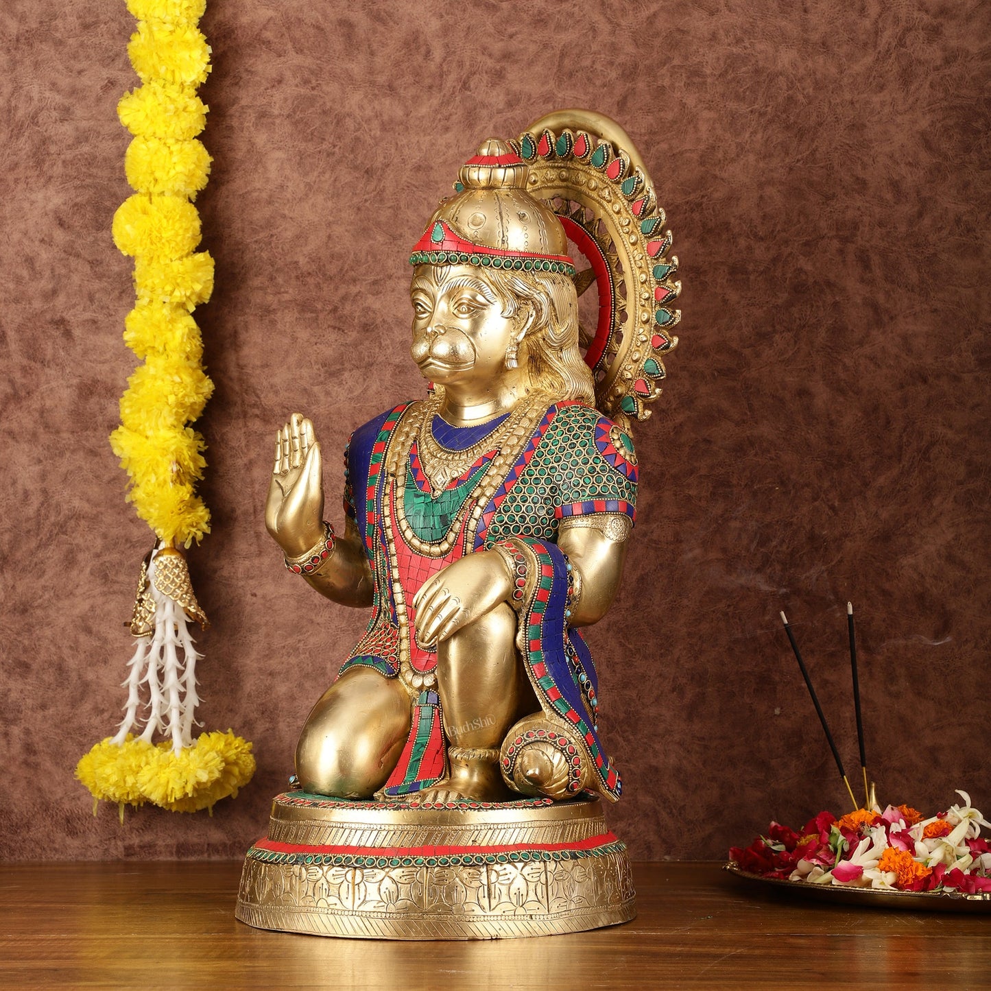 Brass Veer Hanuman Statue with Stonework - 20" - Budhshiv.com
