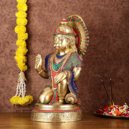 Brass Veer Hanuman Statue with Stonework - 20" - Budhshiv.com