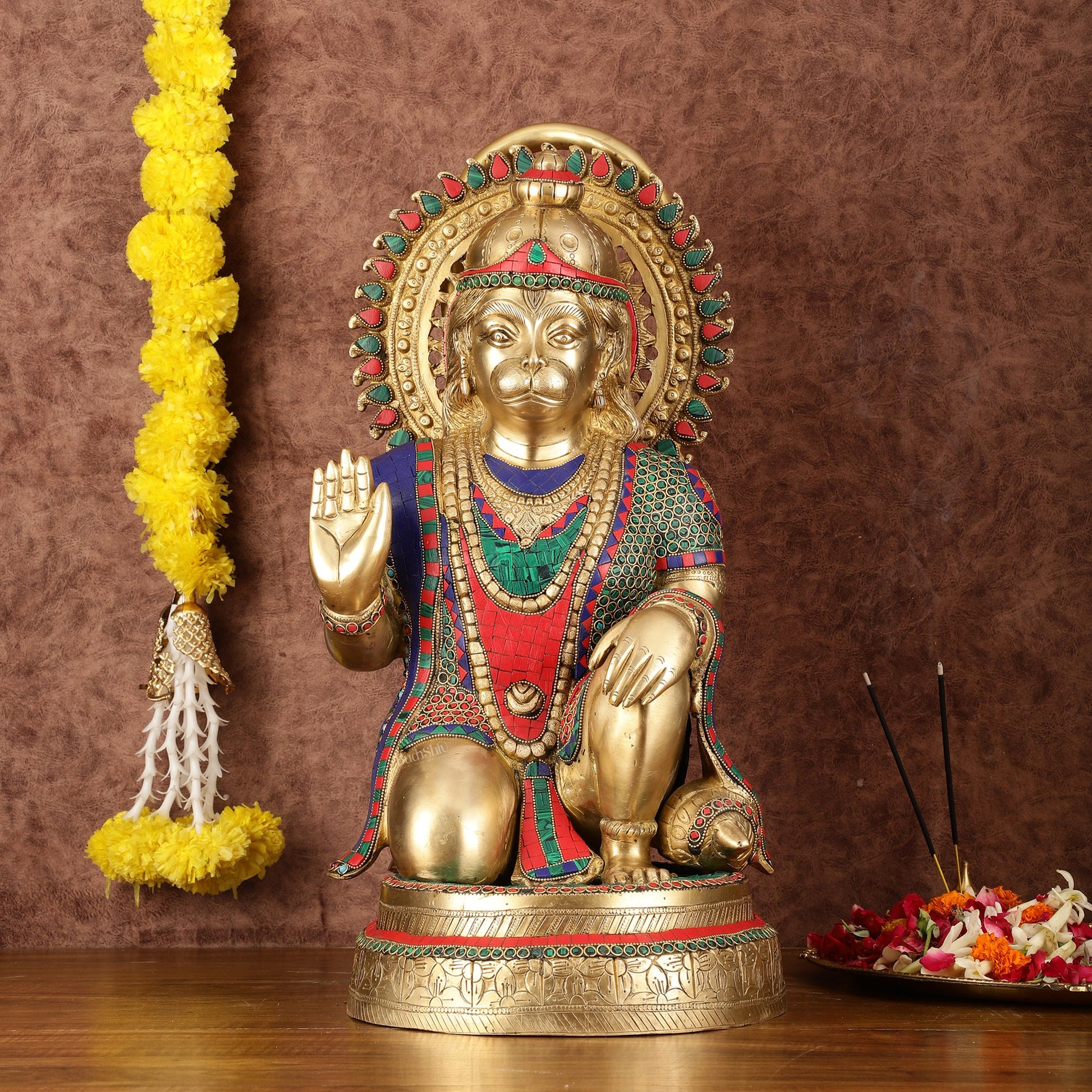 Brass Veer Hanuman Statue with Stonework - 20" - Budhshiv.com