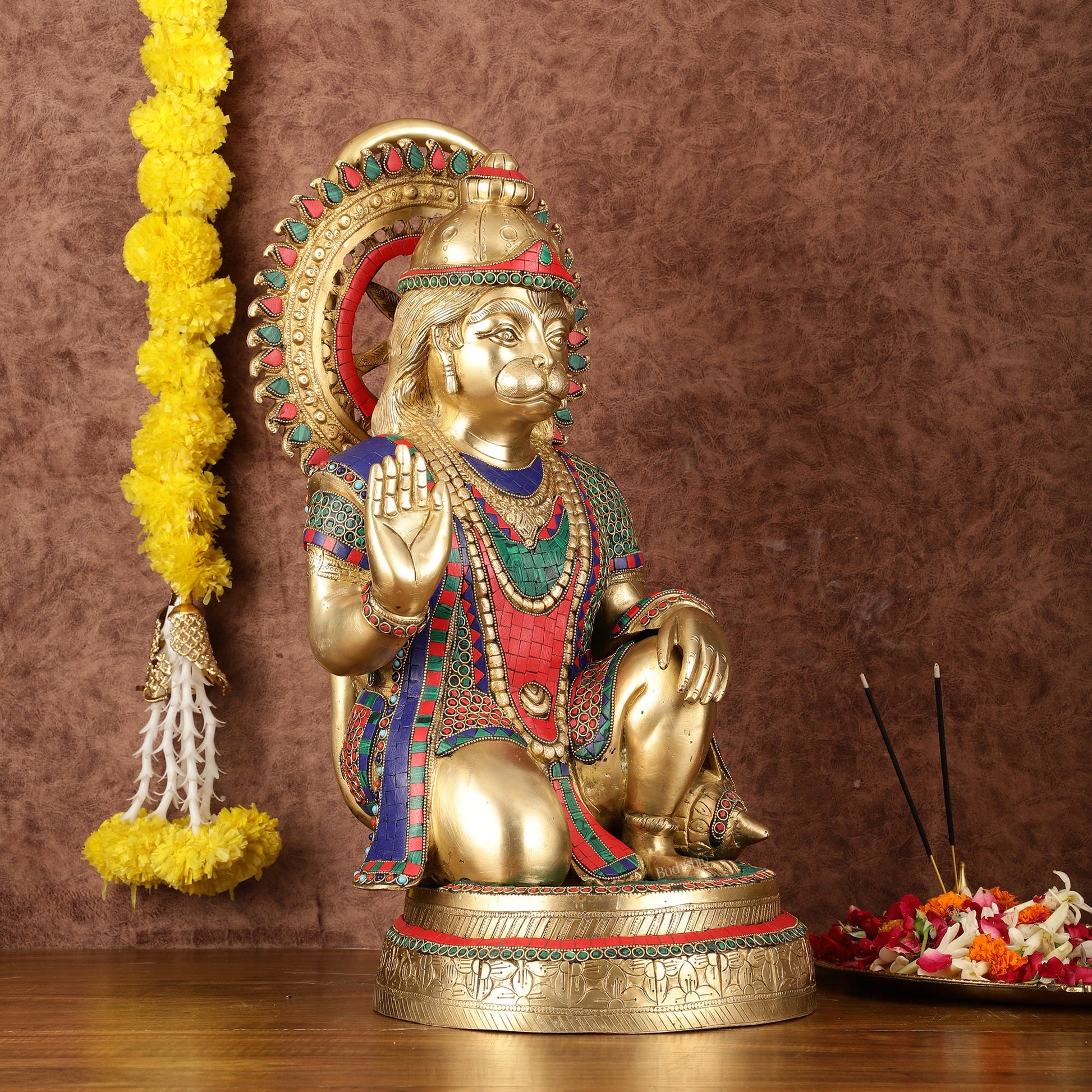 Brass Veer Hanuman Statue with Stonework - 20" - Budhshiv.com