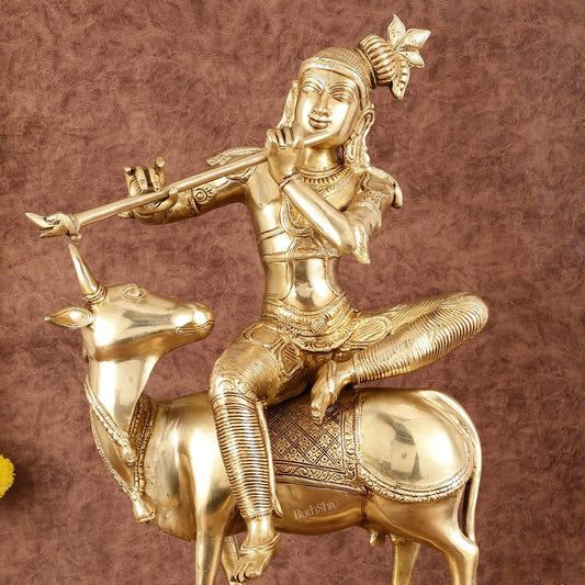 Brass Venugopal Krishna Seated on Cow Statue - 21" - Budhshiv.com