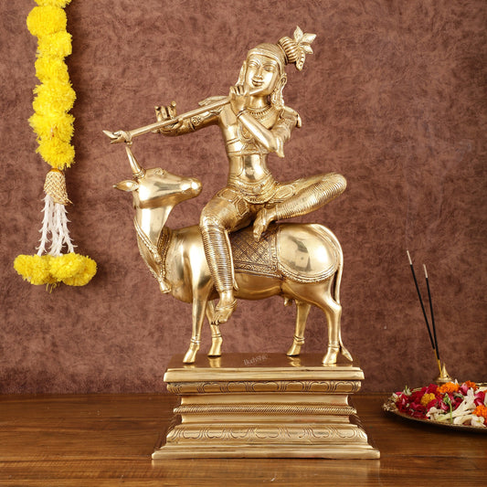 Brass Venugopal Krishna Seated on Cow Statue - 21" - Budhshiv.com