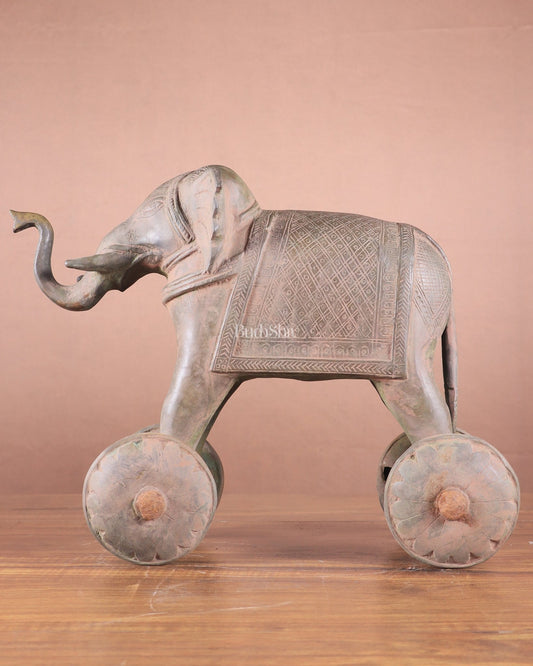 Brass Vintage Elephant Statue on Wheels – 10" x 13.5" x 6" | Antique Sand - Finish Showpiece - Budhshiv.com