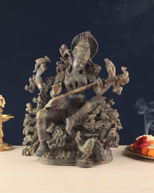 Brass Vintage Finish Saraswati Idol - 16" Divine Sculpture - Budhshiv.com