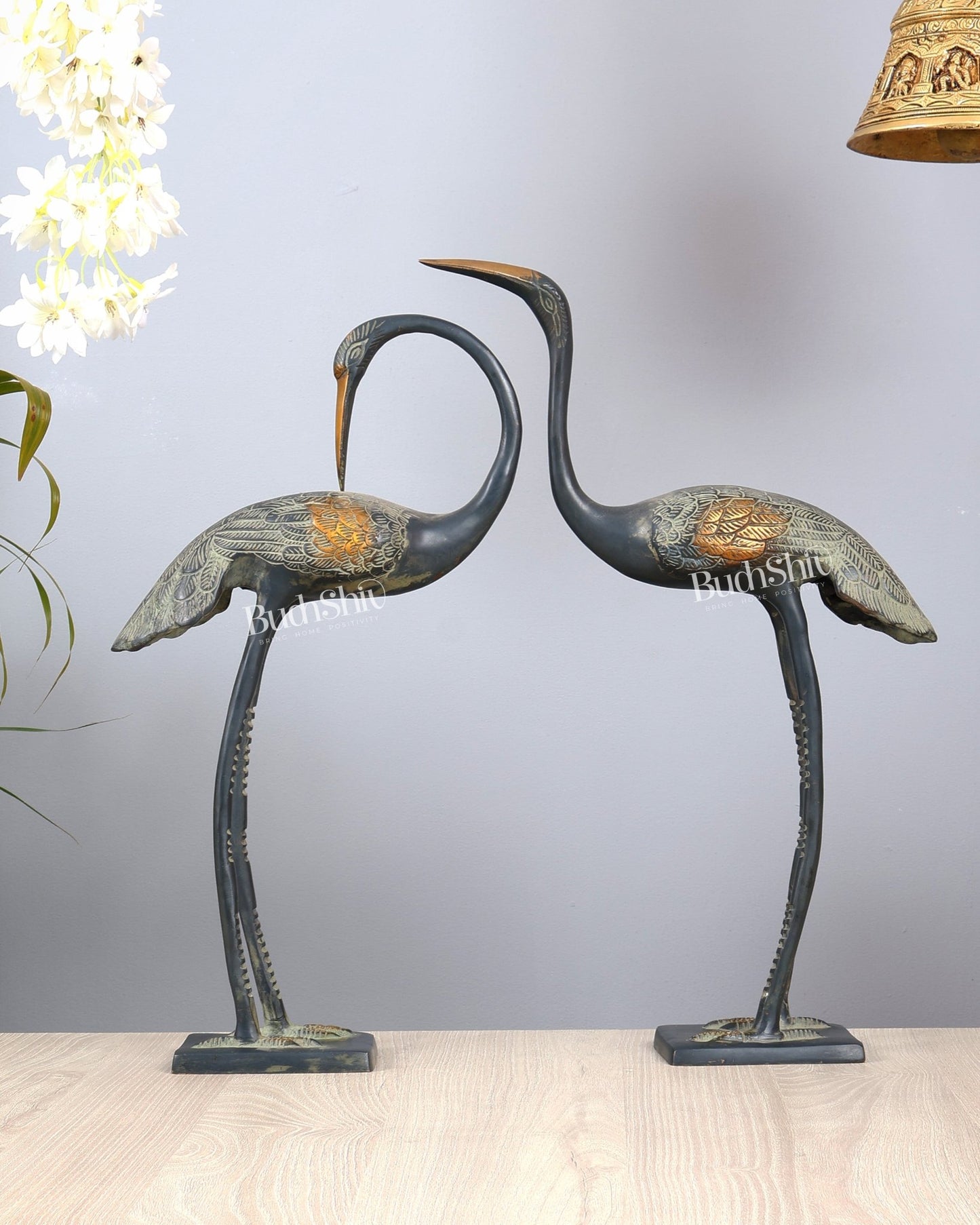 Brass Vintage Pair of Decorative Crane birds Vastu Compliant Statues - Budhshiv.com