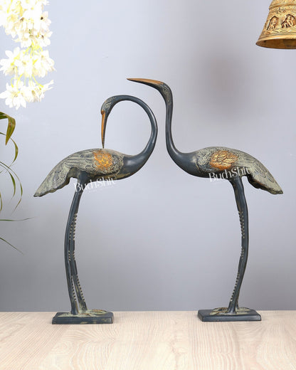 Brass Vintage Pair of Decorative Crane birds Vastu Compliant Statues - Budhshiv.com