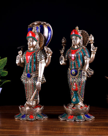 Brass Vishnu and Lakshmi idol pair 18" meenakari Stonework - Budhshiv.com