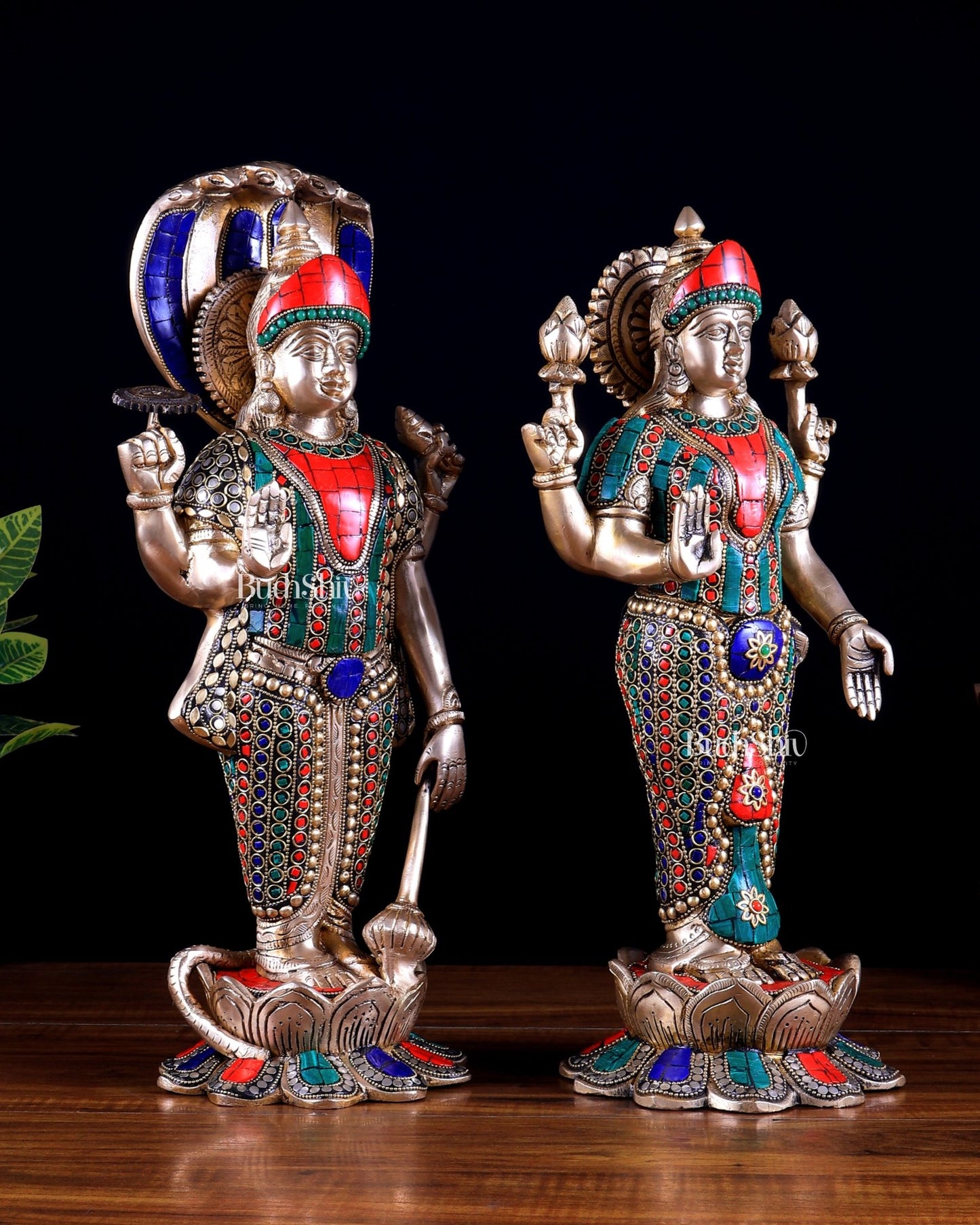 Brass Vishnu and Lakshmi idol pair 18" meenakari Stonework - Budhshiv.com