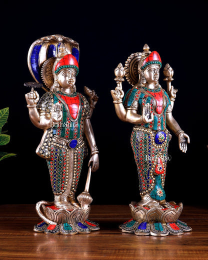 Brass Vishnu and Lakshmi idol pair 18" meenakari Stonework - Budhshiv.com