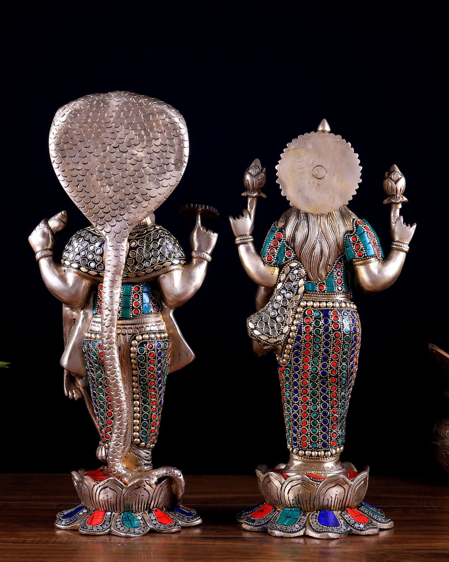 Brass Vishnu and Lakshmi idol pair 18" meenakari Stonework - Budhshiv.com
