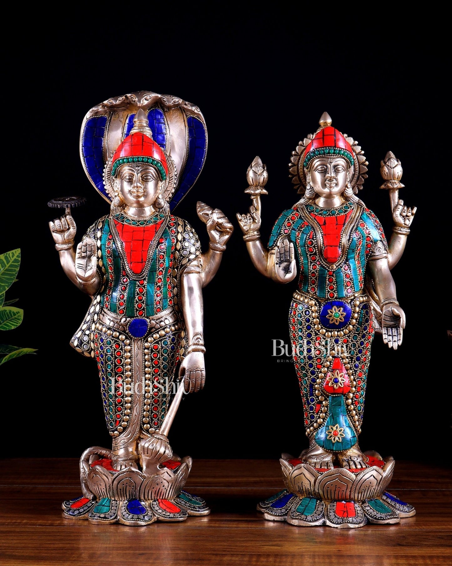 Brass Vishnu and Lakshmi idol pair 18" meenakari Stonework - Budhshiv.com
