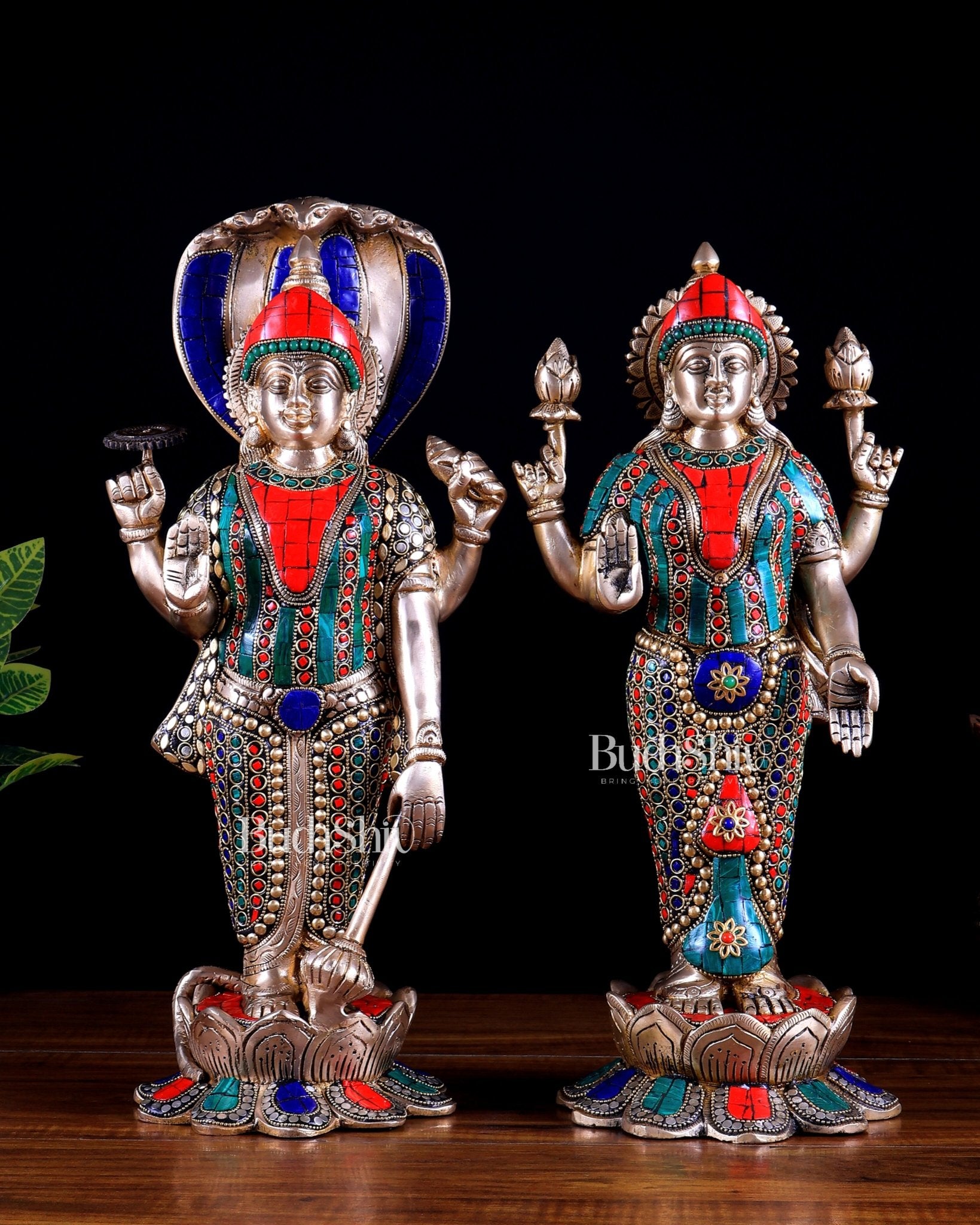 Brass Vishnu and Lakshmi idol pair 18" meenakari Stonework - Budhshiv.com