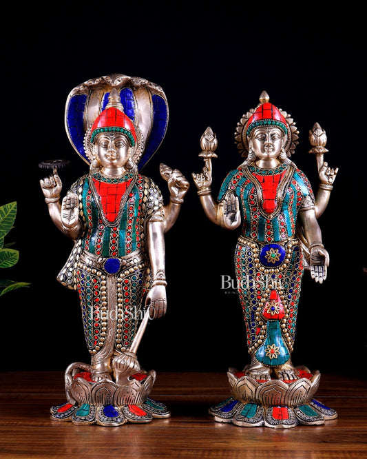 Brass Vishnu and Lakshmi idol pair 18" meenakari Stonework - Budhshiv.com