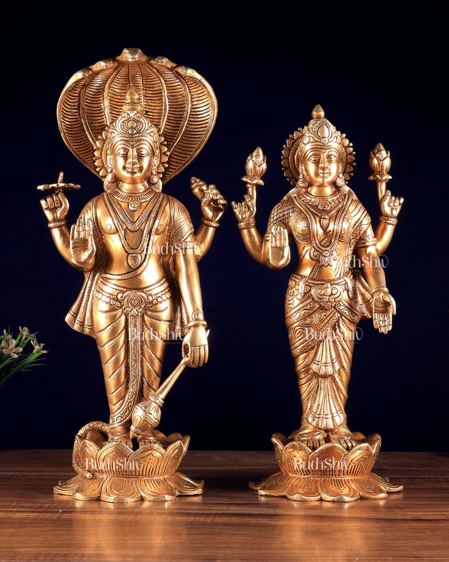 Brass Vishnu and Lakshmi idol pair golden 18" - Budhshiv.com