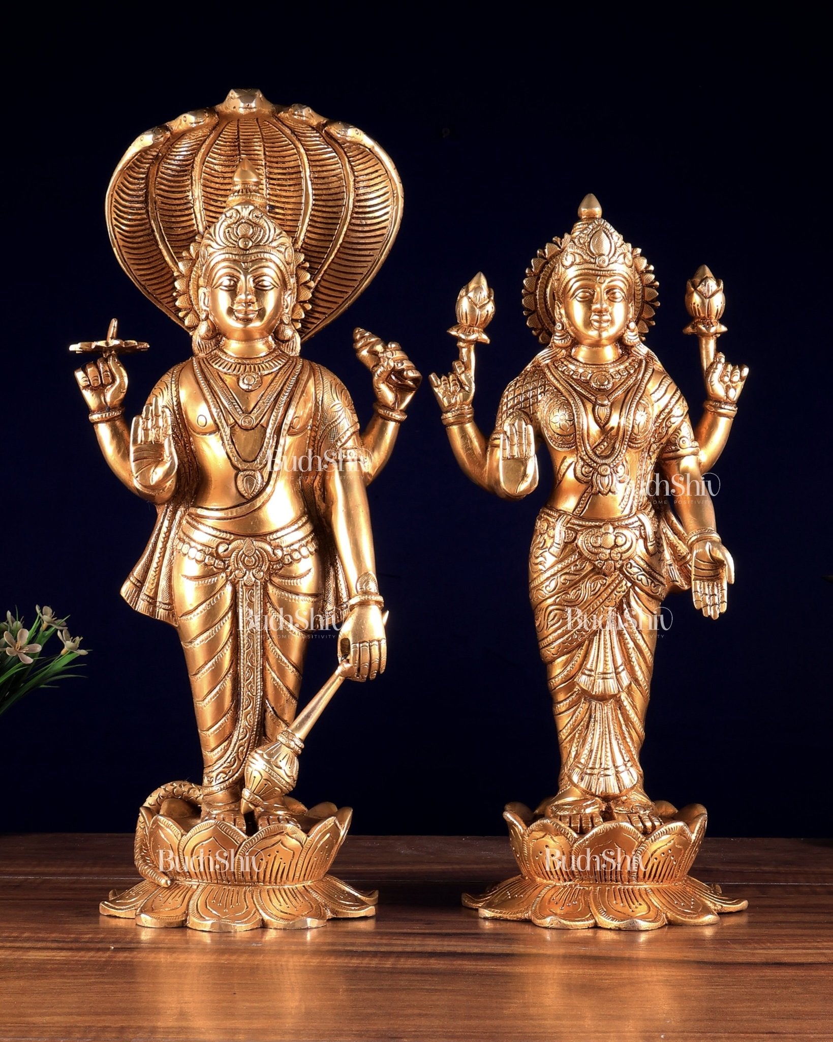 Brass Vishnu and Lakshmi idol pair golden 18" - Budhshiv.com