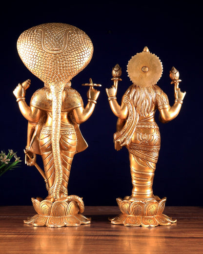 Brass Vishnu and Lakshmi idol pair golden 18" - Budhshiv.com