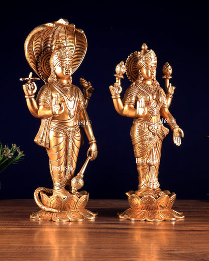 Brass Vishnu and Lakshmi idol pair golden 18" - Budhshiv.com