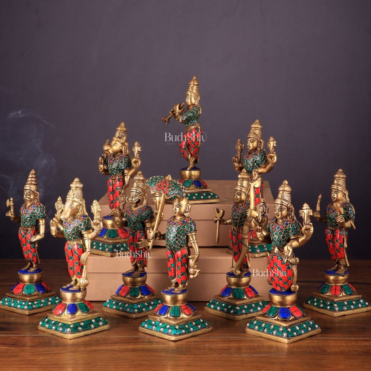 Brass Vishnu Dashavatar idols set 10 inch with Stonework - Budhshiv.com