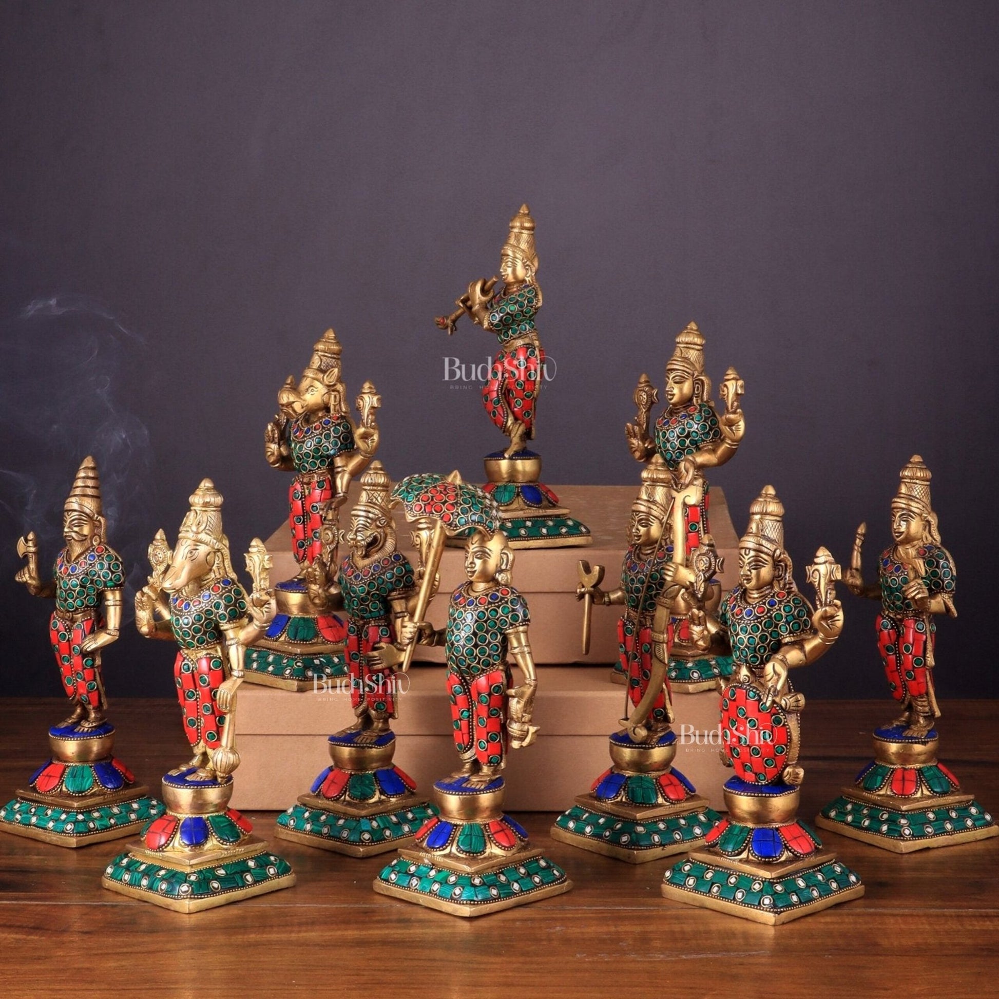 Brass Vishnu Dashavatar idols set 10 inch with Stonework - Budhshiv.com