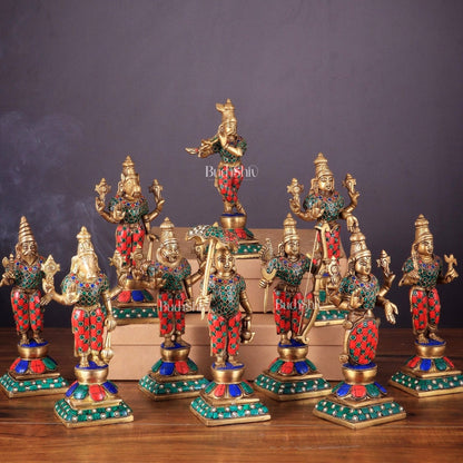 Brass Vishnu Dashavatar idols set 10 inch with Stonework - Budhshiv.com
