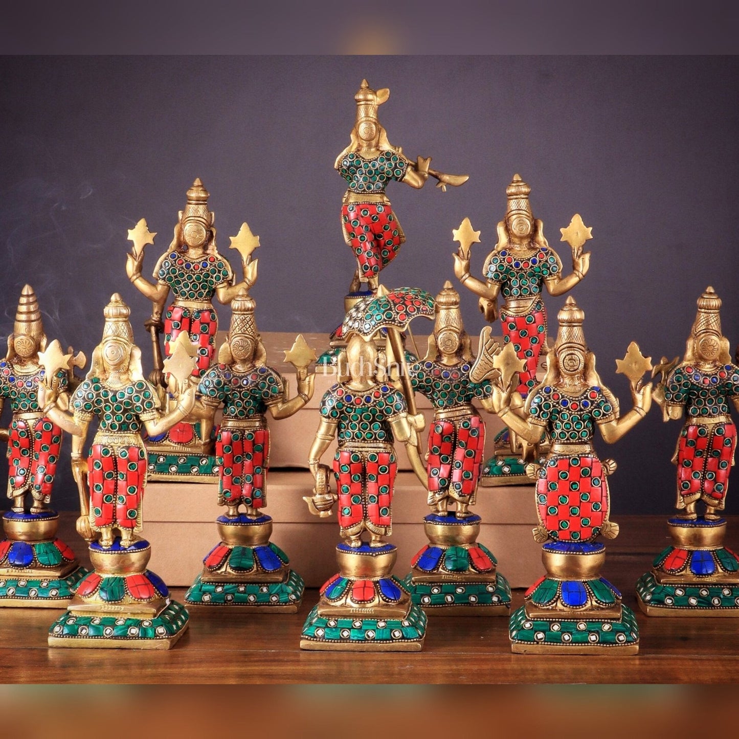 Brass Vishnu Dashavatar idols set 10 inch with Stonework - Budhshiv.com