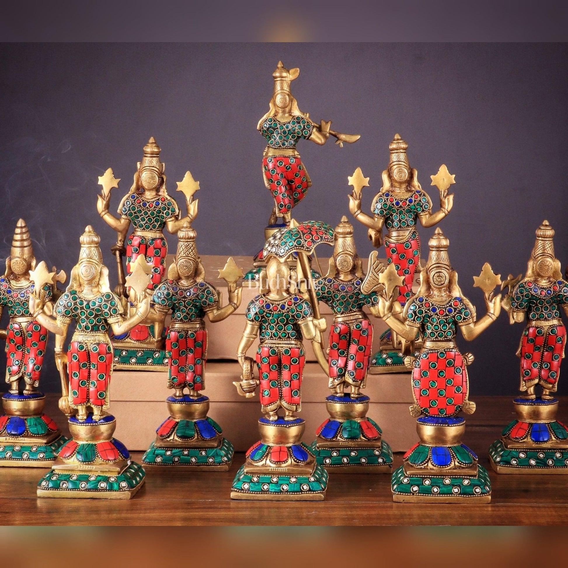 Brass Vishnu Dashavatar idols set 10 inch with Stonework - Budhshiv.com