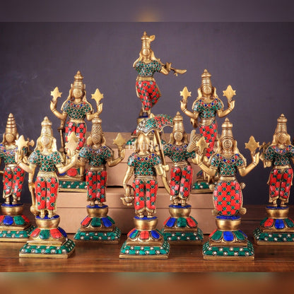Brass Vishnu Dashavatar idols set 10 inch with Stonework - Budhshiv.com