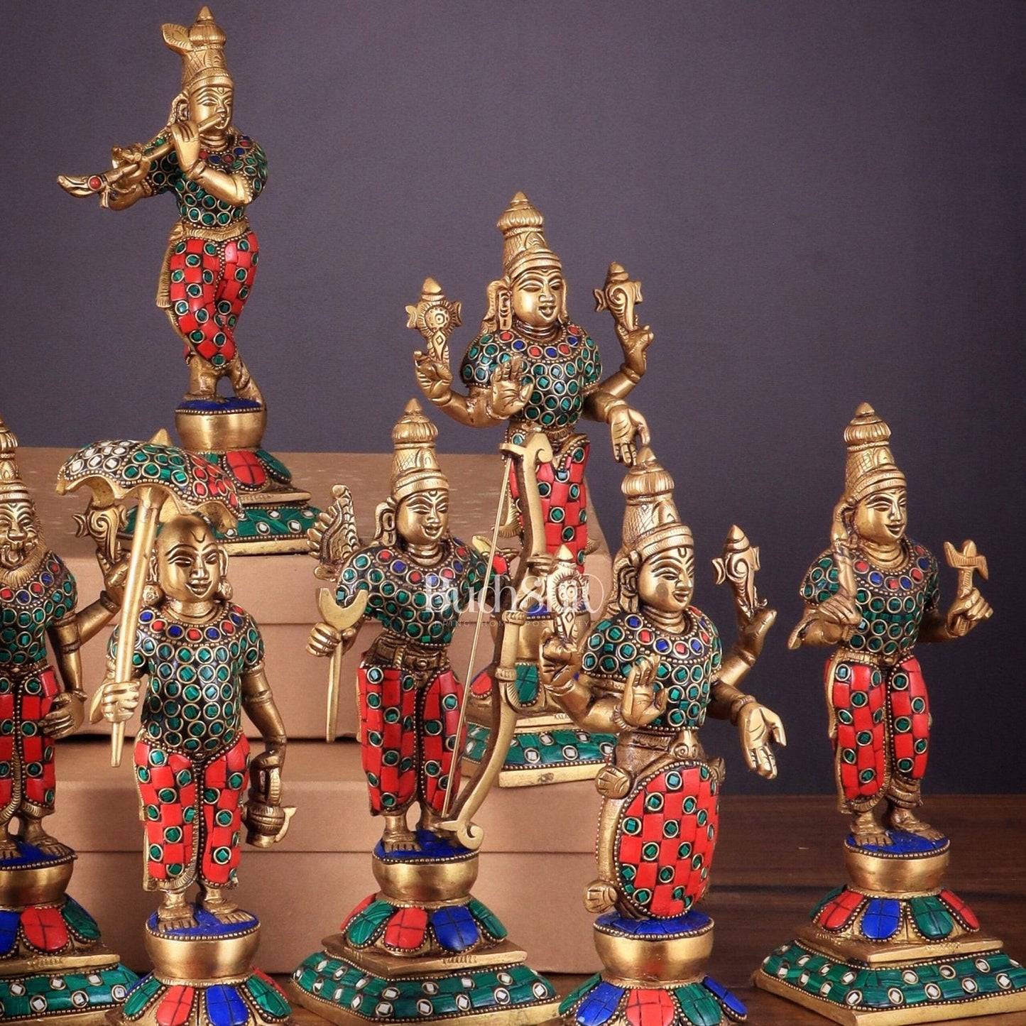Brass Vishnu Dashavatar idols set 10 inch with Stonework - Budhshiv.com