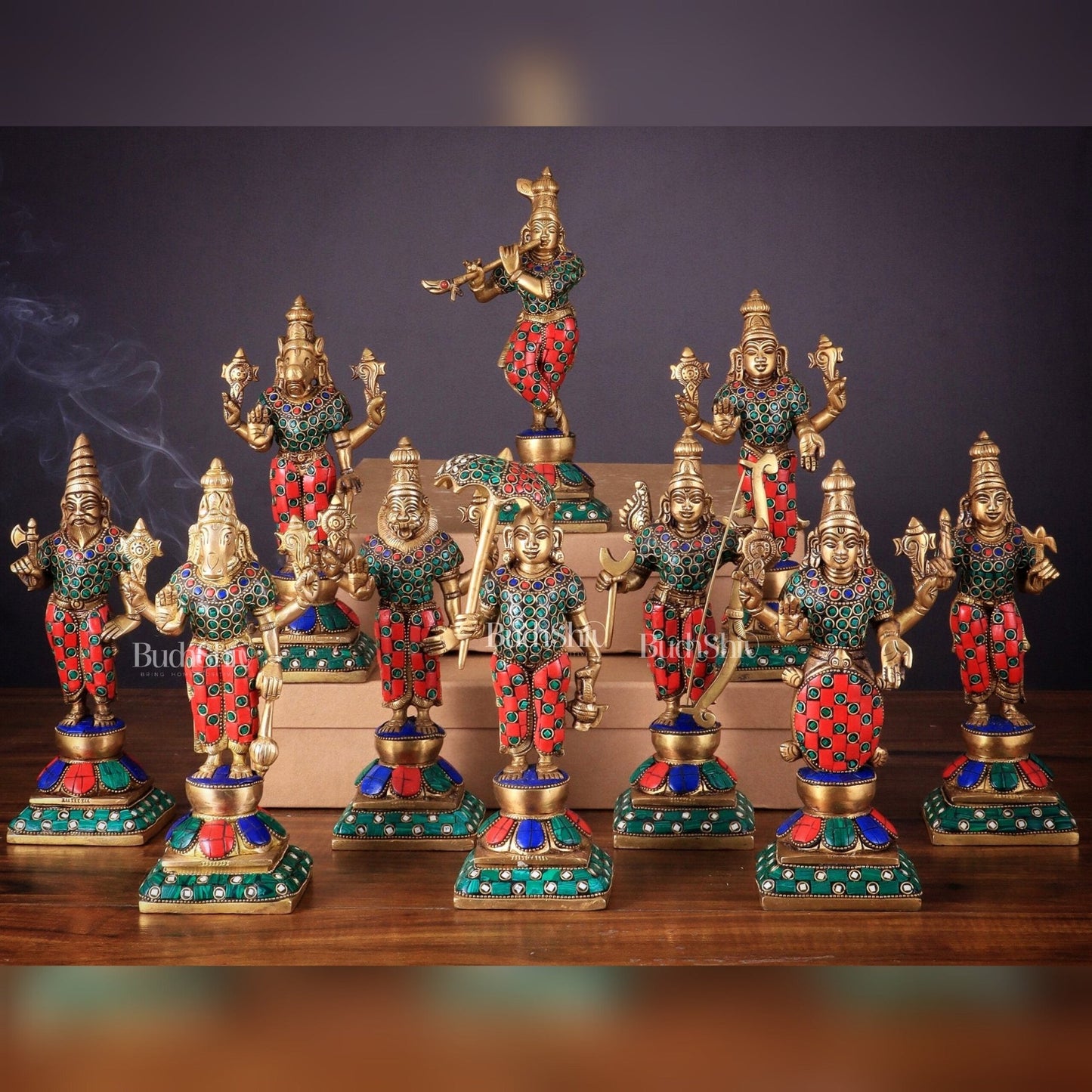 Brass Vishnu Dashavatar idols set 10 inch with Stonework - Budhshiv.com
