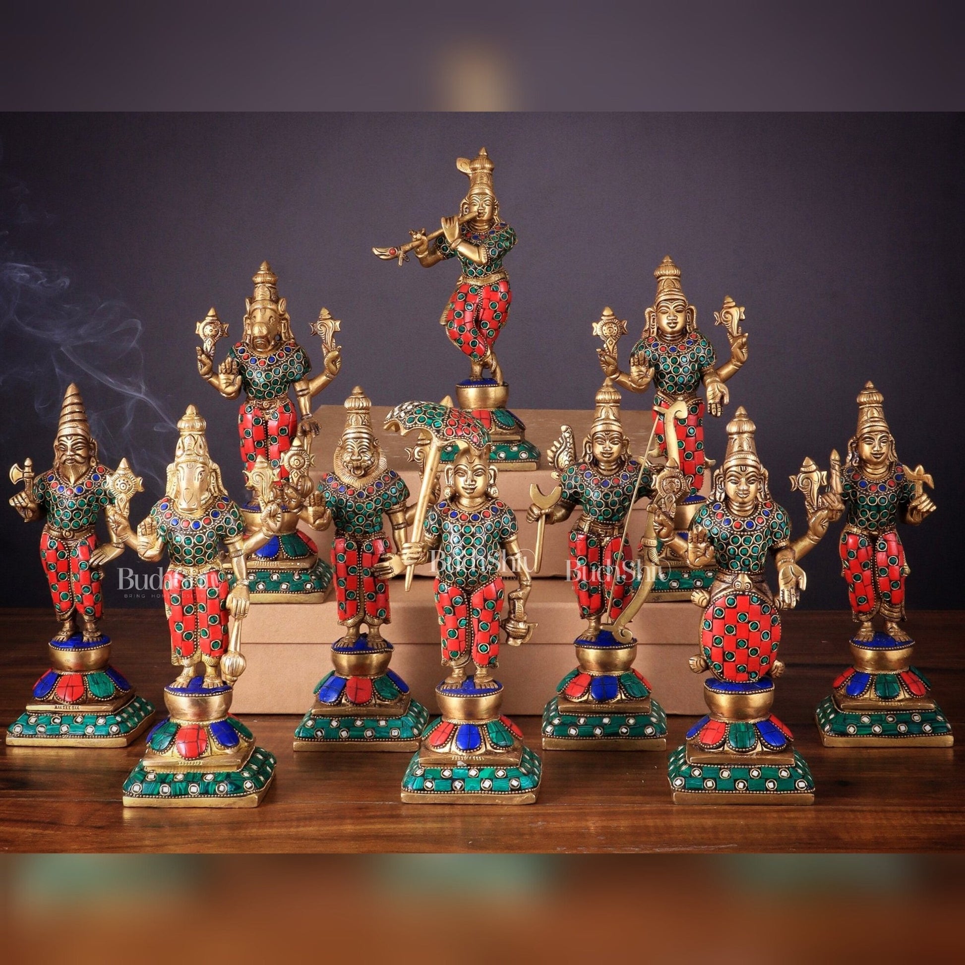 Brass Vishnu Dashavatar idols set 10 inch with Stonework - Budhshiv.com
