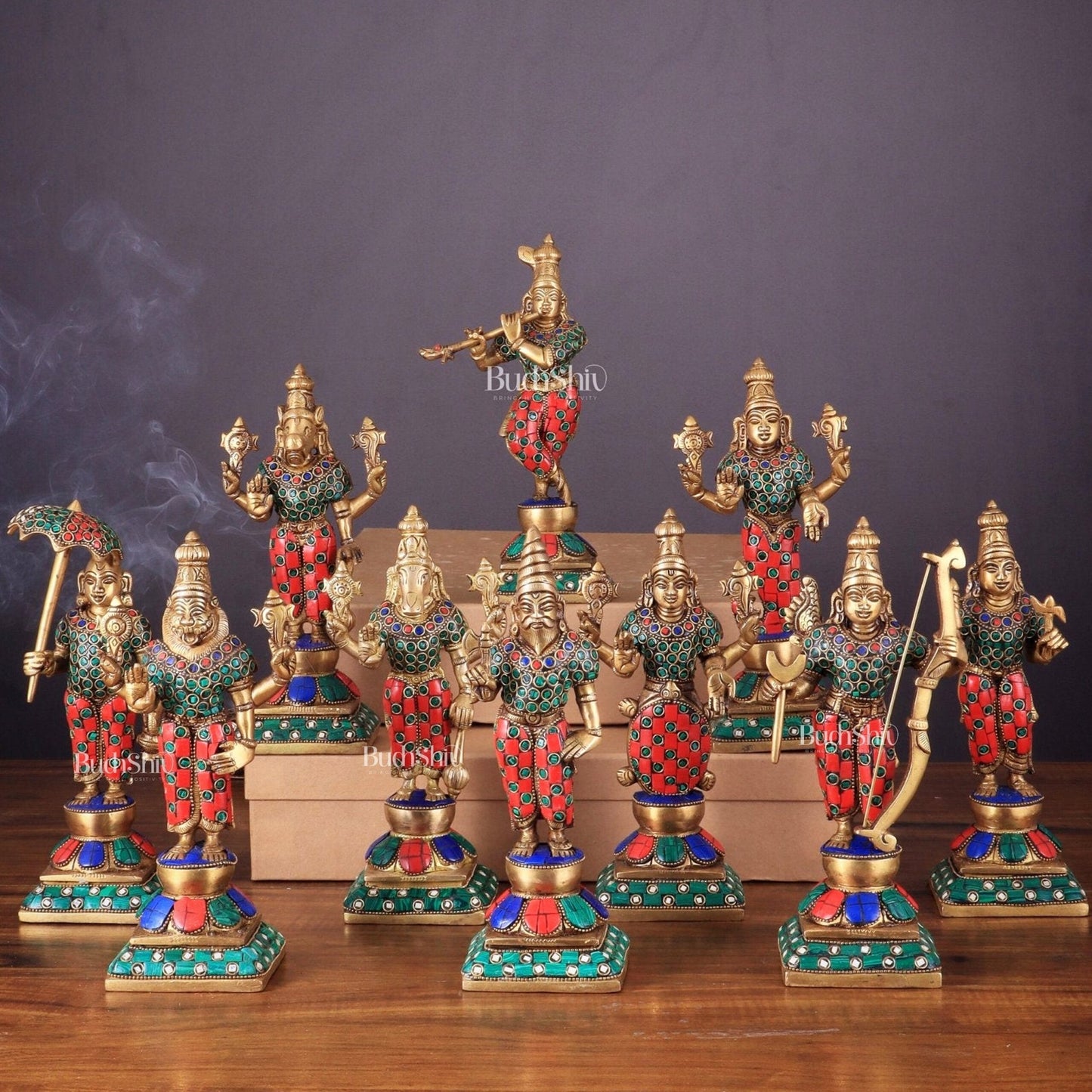 Brass Vishnu Dashavatar idols set 10 inch with Stonework - Budhshiv.com