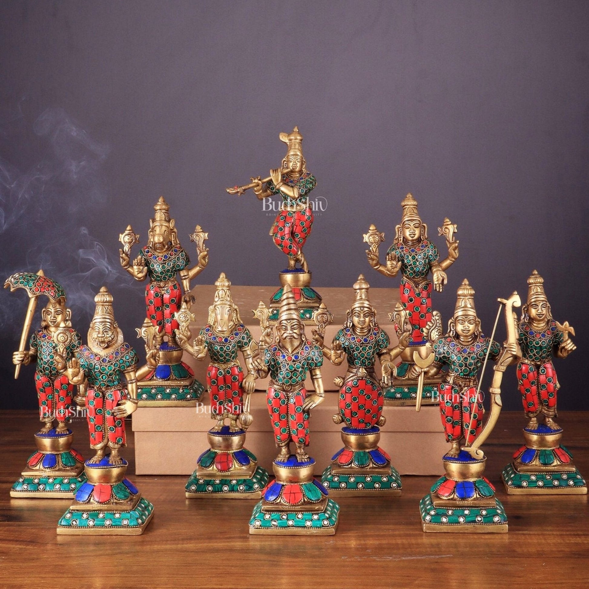 Brass Vishnu Dashavatar idols set 10 inch with Stonework - Budhshiv.com