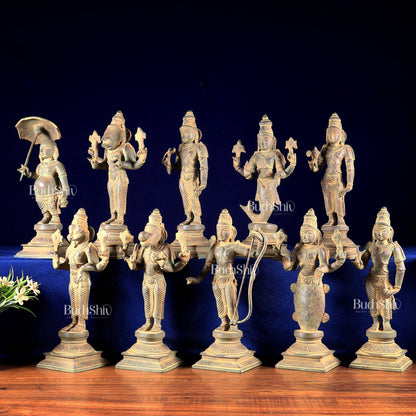Brass Vishnu Dashavatar Idols vintage patina tone 10 inch - Budhshiv.com