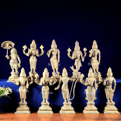 Brass Vishnu Dashavatar Idols vintage patina tone 10 inch - Budhshiv.com