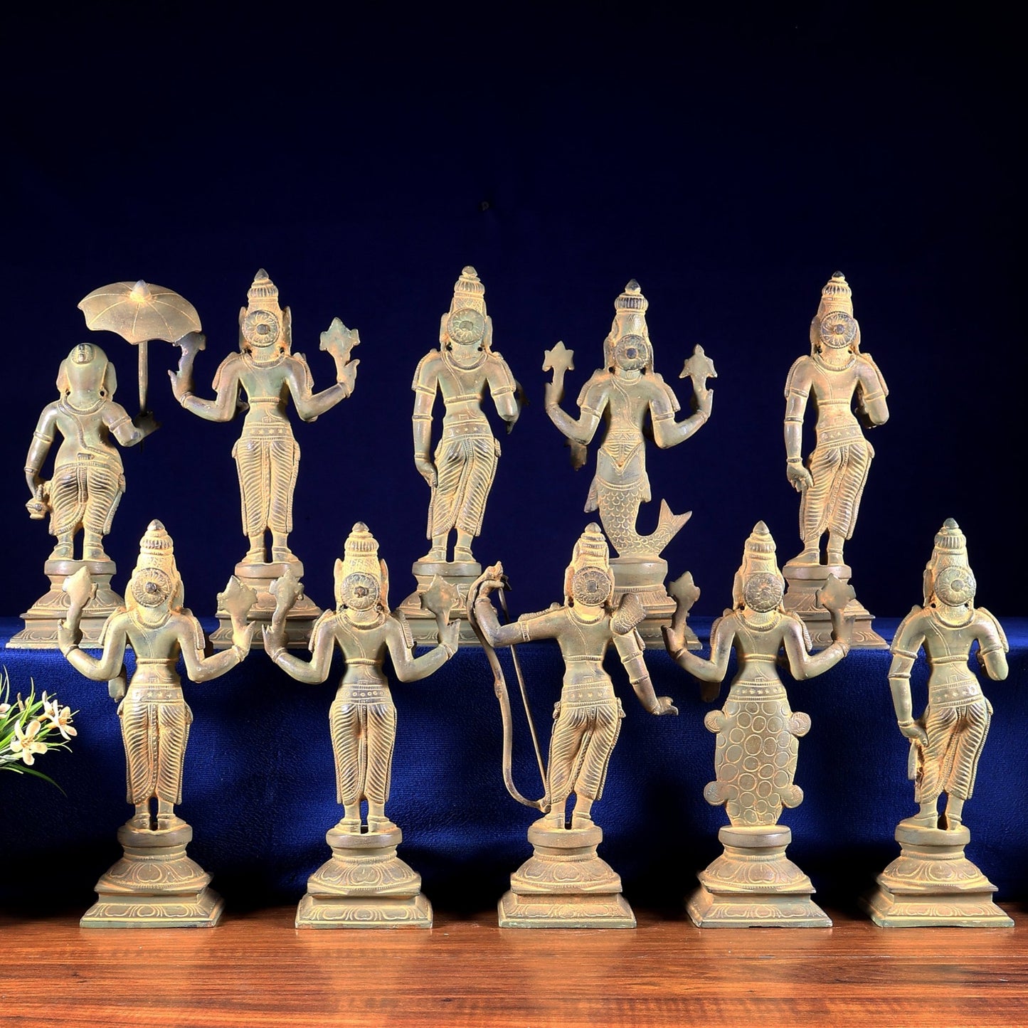 Brass Vishnu Dashavatar Idols vintage patina tone 10 inch - Budhshiv.com