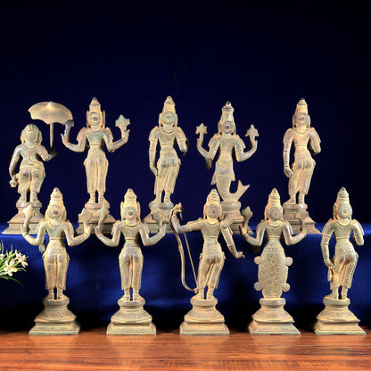 Brass Vishnu Dashavatar Idols vintage patina tone 10 inch - Budhshiv.com