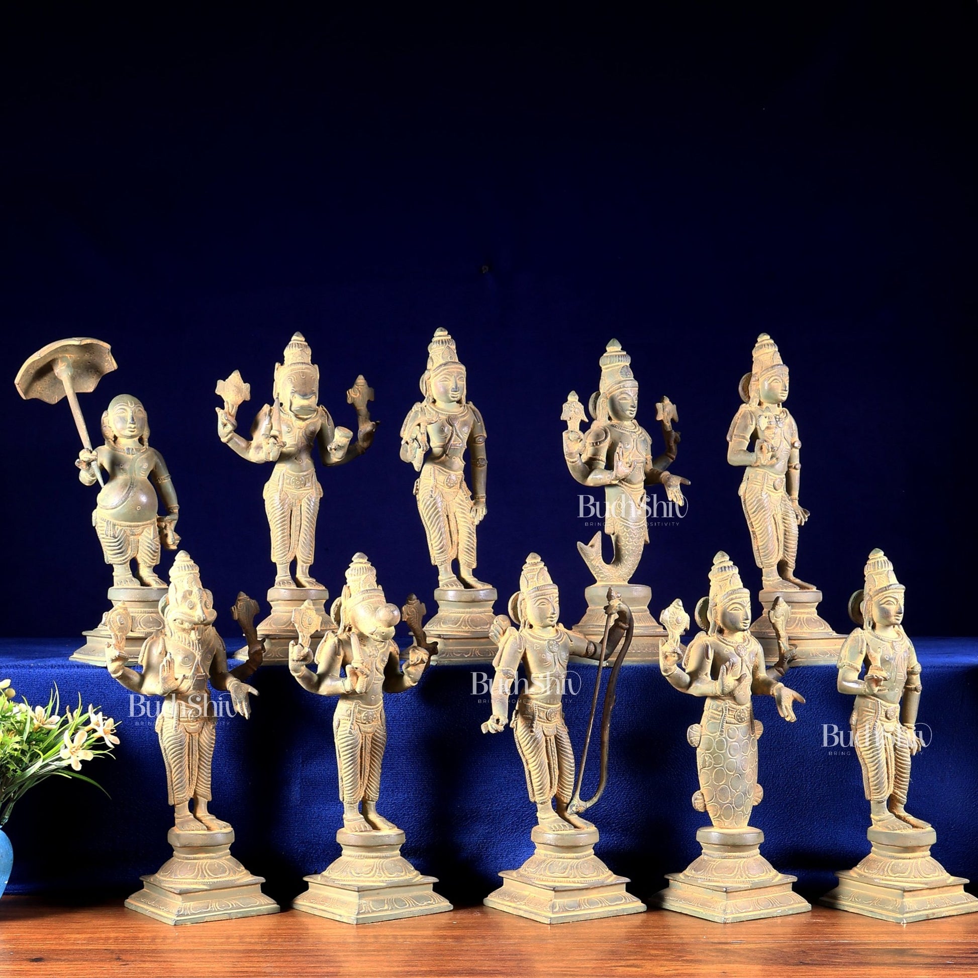 Brass Vishnu Dashavatar Idols vintage patina tone 10 inch - Budhshiv.com