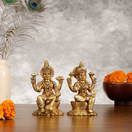 Brass Vishnu Lakshmi Seated on Lotus Base Idol - 5.5" - Budhshiv.com