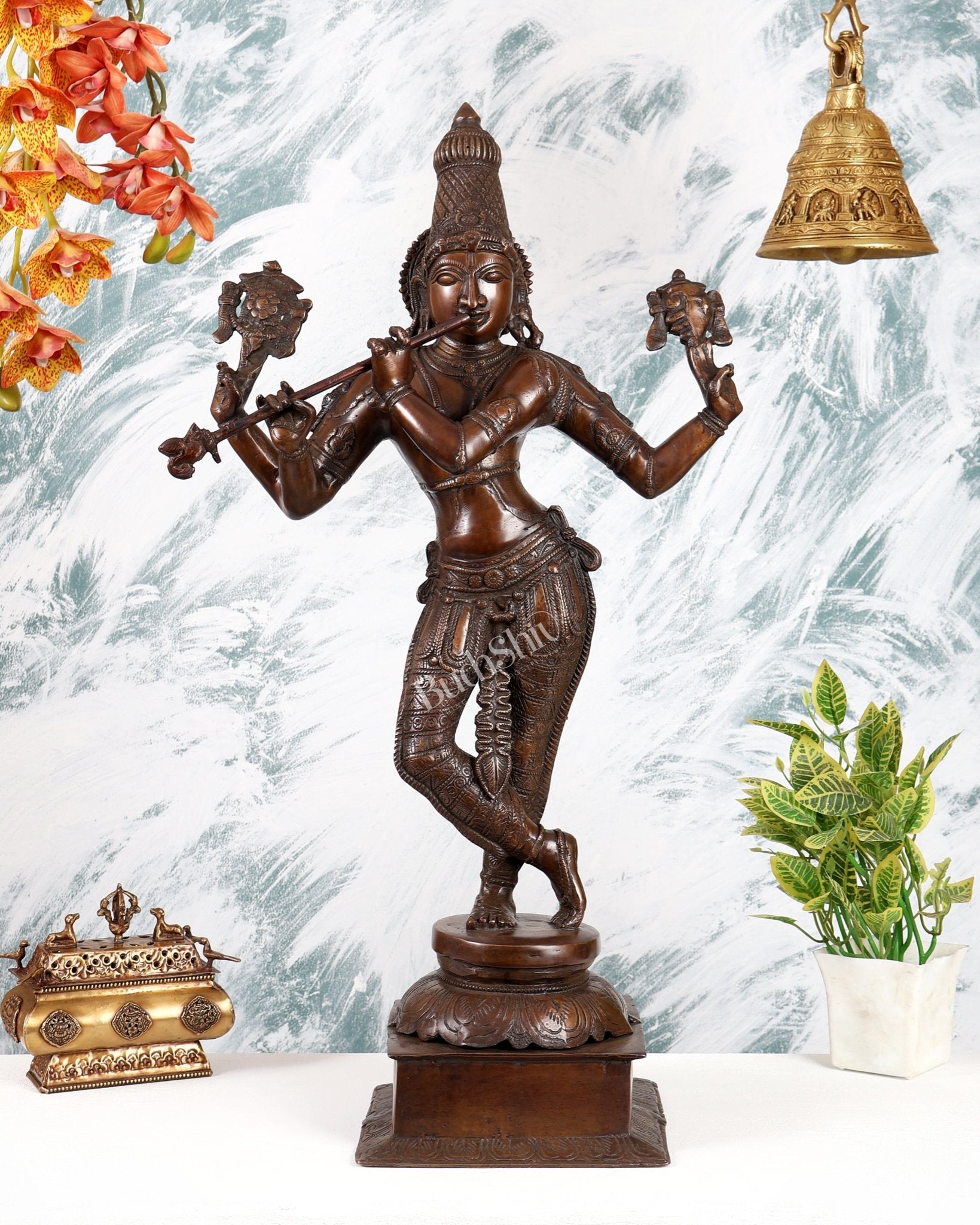 Brass Vishnu Roopam Krishna Statue – Dark Chocolate Tone Divine Sculpture (28.5 Inches) - Budhshiv.com