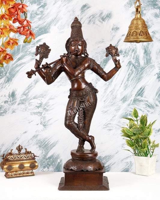 Brass Vishnu Roopam Krishna Statue – Dark Chocolate Tone Divine Sculpture (28.5 Inches) - Budhshiv.com