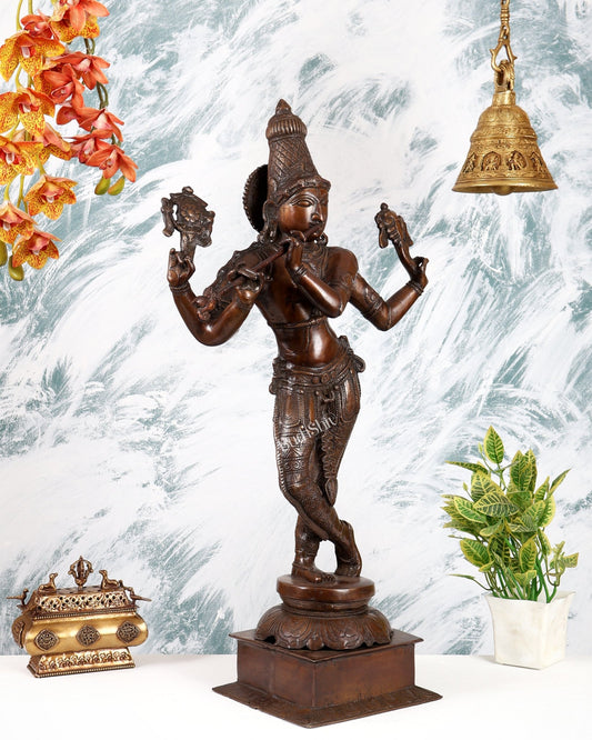 Brass Vishnu Roopam Krishna Statue – Dark Chocolate Tone Divine Sculpture (28.5 Inches) - Budhshiv.com