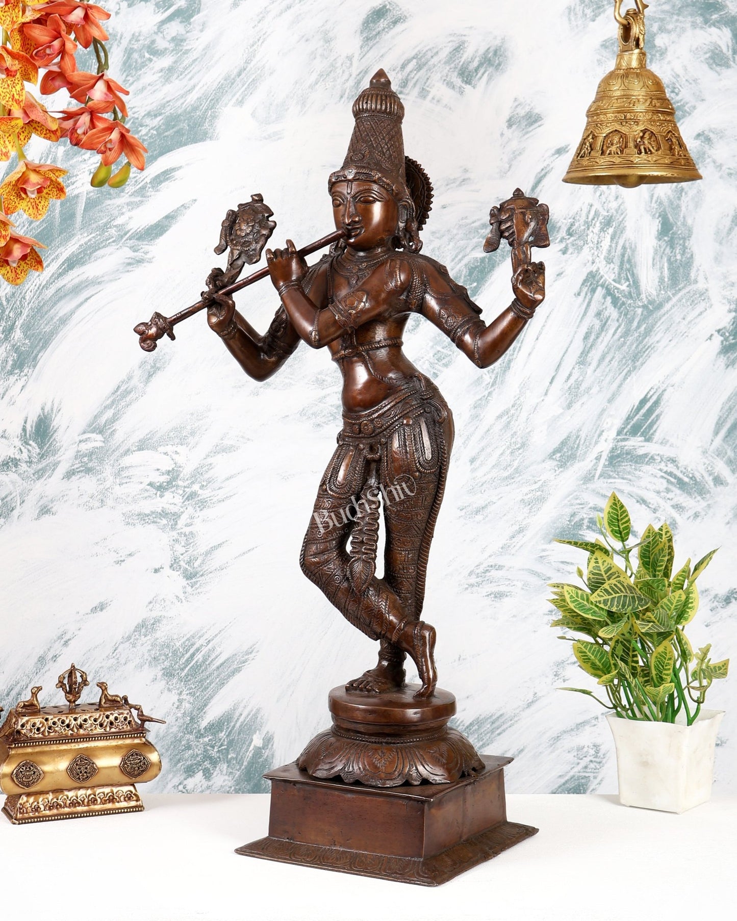 Brass Vishnu Roopam Krishna Statue – Dark Chocolate Tone Divine Sculpture (28.5 Inches) - Budhshiv.com