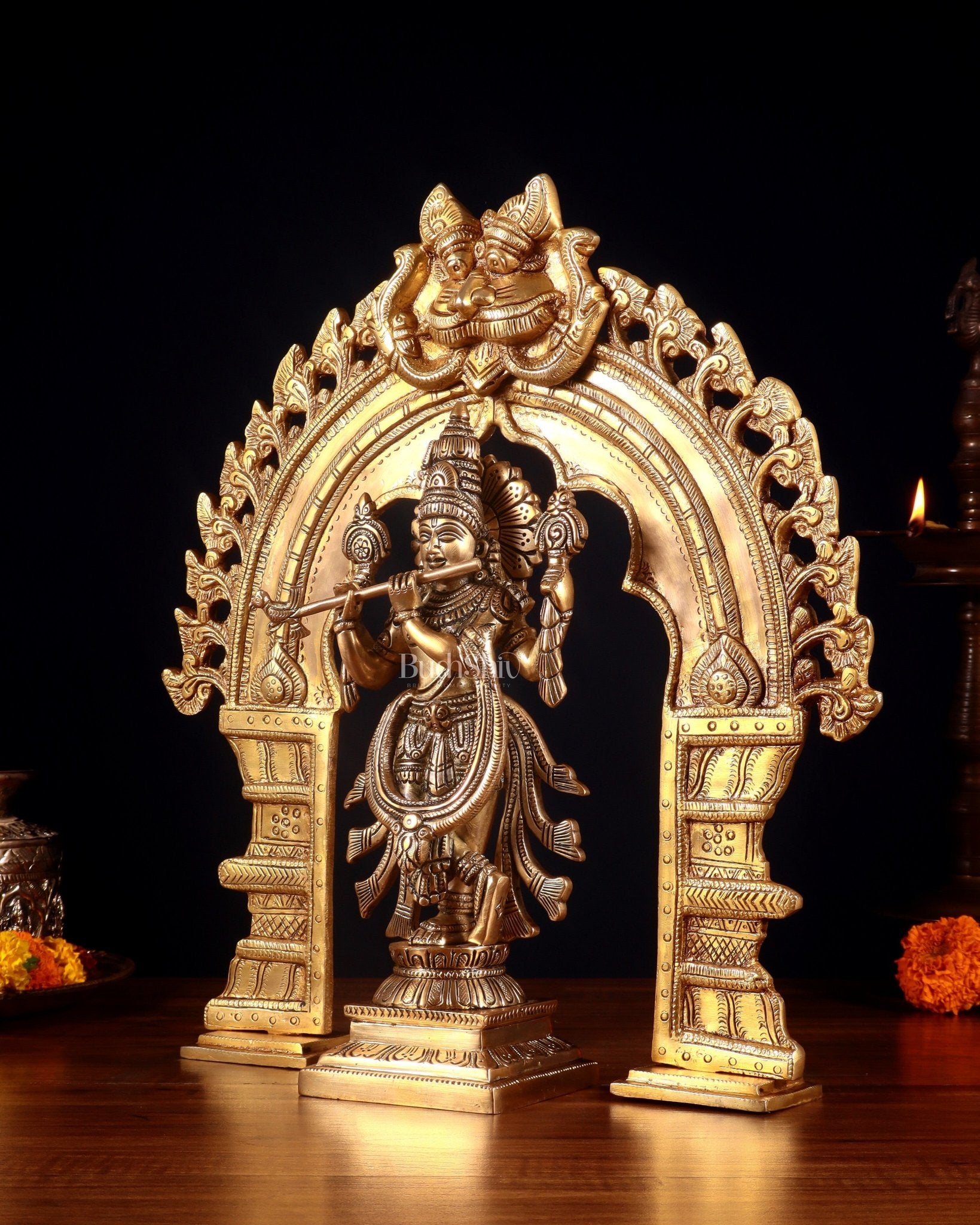 Brass Vishnu Roopam Krishna Statue with Prabhavali 17 inch - Budhshiv.com