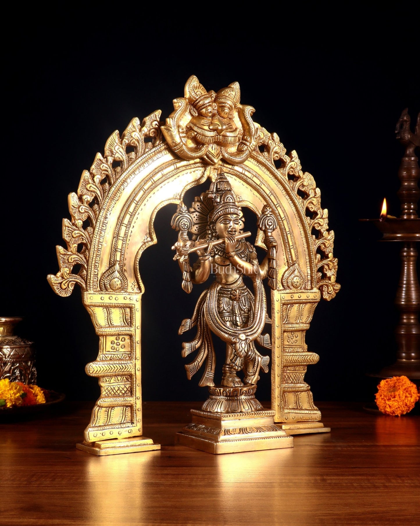 Brass Vishnu Roopam Krishna Statue with Prabhavali 17 inch - Budhshiv.com