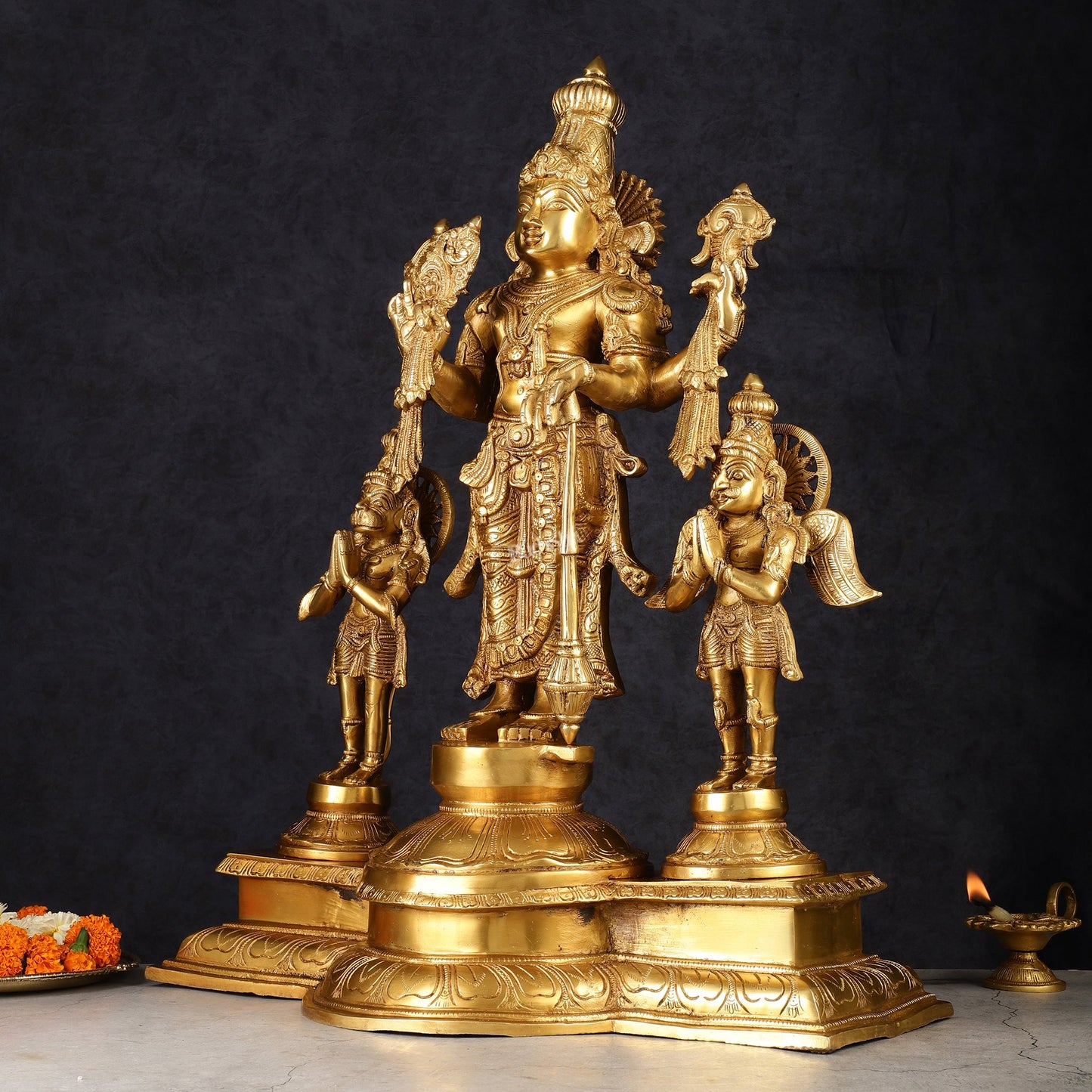 Brass Vishnu Statue with Garuda and Hanuman - 24" Standing - Budhshiv.com