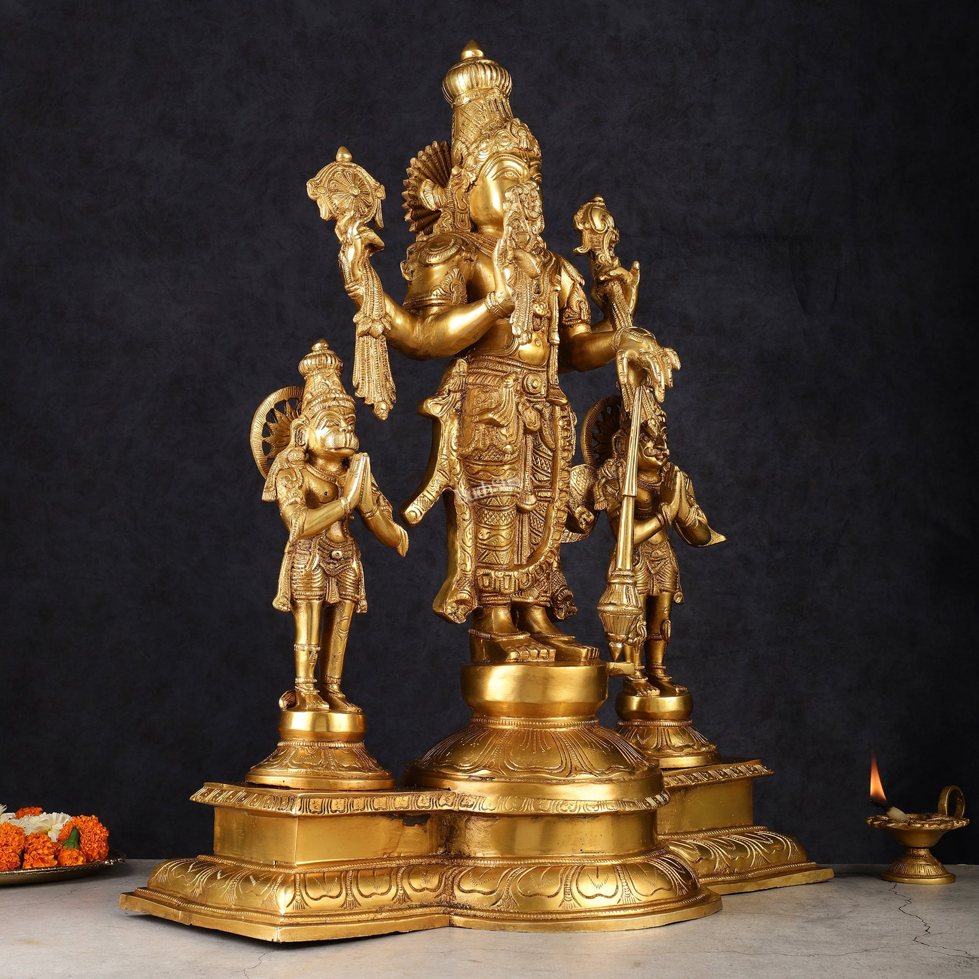 Brass Vishnu Statue with Garuda and Hanuman - 24" Standing - Budhshiv.com