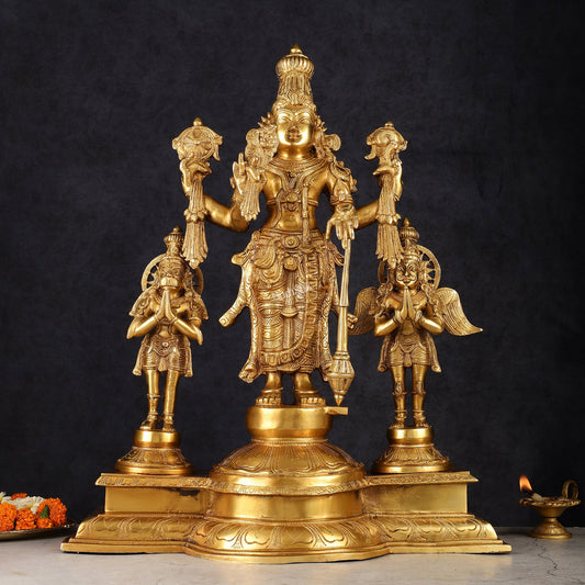 Brass Vishnu Statue with Garuda and Hanuman - 24" Standing - Budhshiv.com