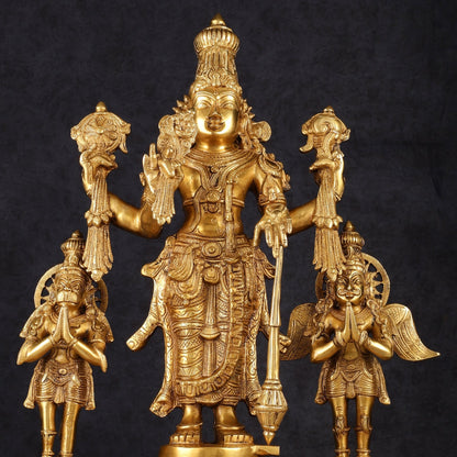 Brass Vishnu Statue with Garuda and Hanuman - 24" Standing - Budhshiv.com