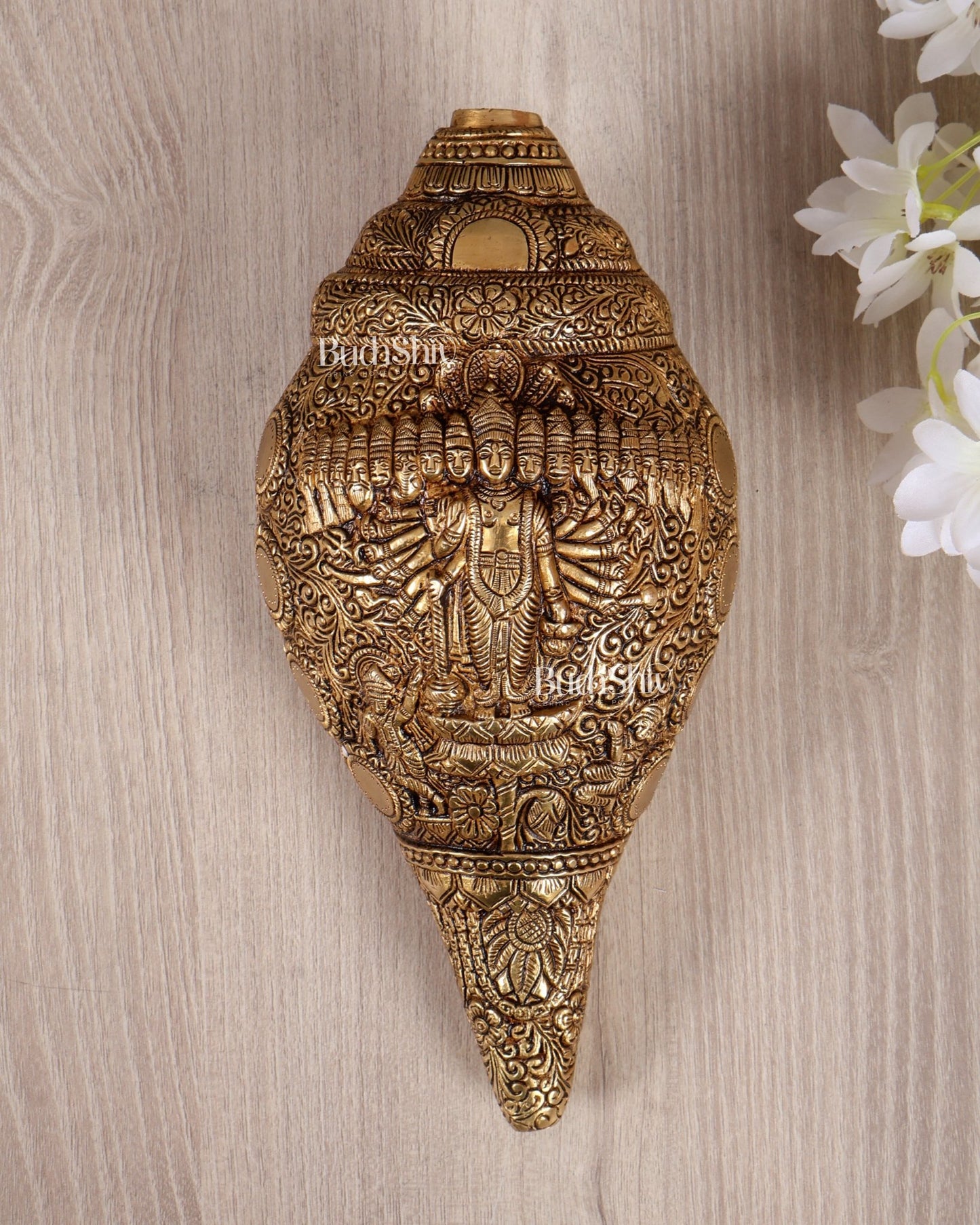 Brass Vishnu Virat Roop Shankh Vishwaroopam Conch 8.5 inch antique - Budhshiv.com