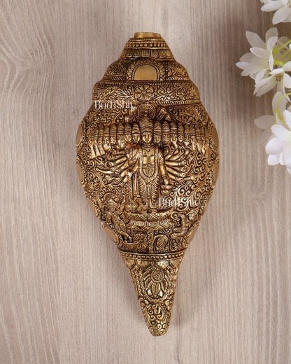Brass Vishnu Virat Roop Shankh Vishwaroopam Conch 8.5 inch antique - Budhshiv.com